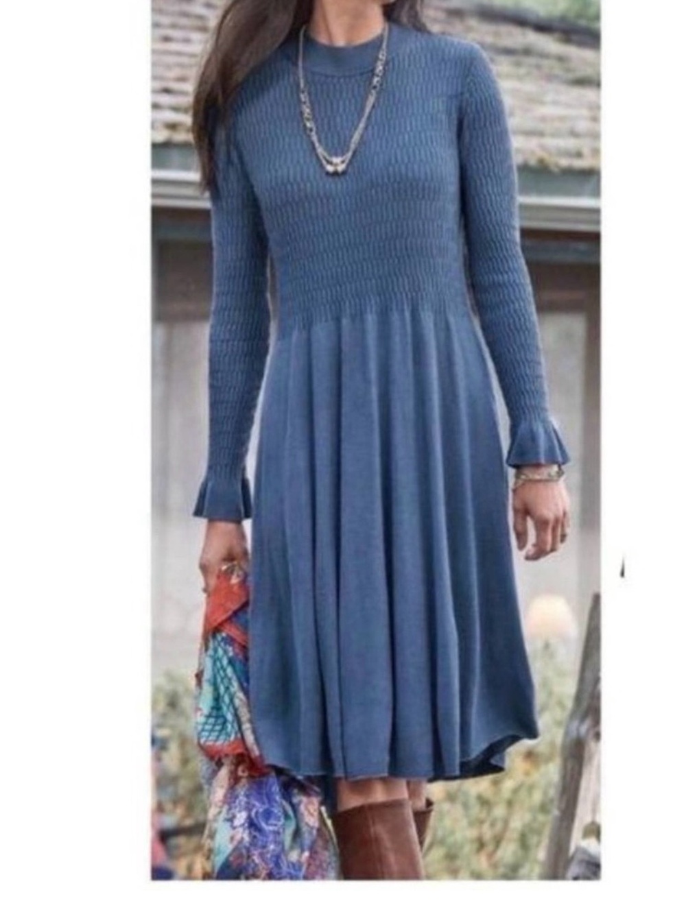 Sundance Nature's Hue Blue Knit Fit & Flair Ribbed Sweater Dress Size Medium